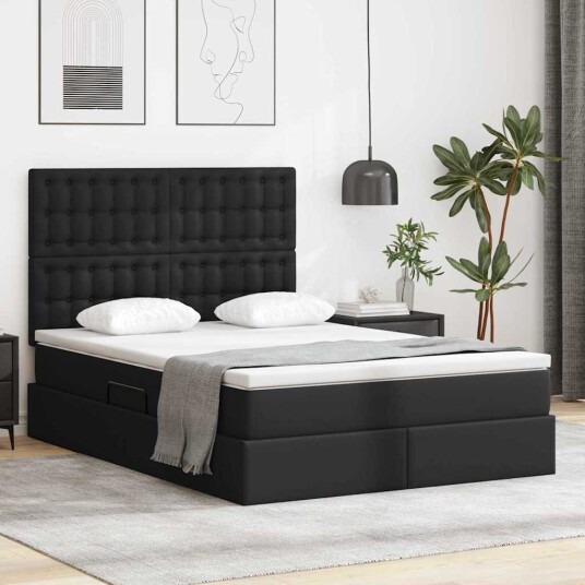 Seng med Oppbevaring med madrass Svart 140 x 190 cm Kunstlær Seng med Oppbevaring med madrass Svart 140 x 190 cm Kunstlær