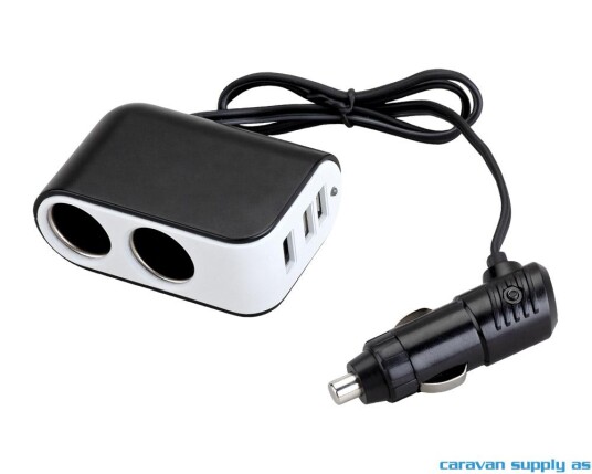 12V adapter uni plugg --> 2 x uni + USB m/LEDlys 12V adapter uni plugg --> 2 x uni + USB m/LEDlys