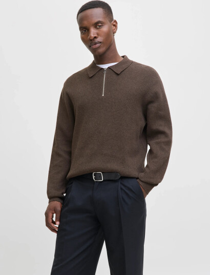 Jack & Jones Jprblamilano Stitch Knit Zip Polo Sn - Brown - S