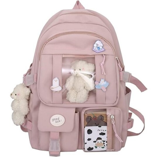 Kawaii Skolesekk for Jenter Søt Estetisk Ryggsekk Skoleveske med Pins og Tilbehør Pink