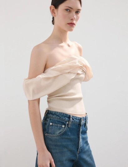 Mango Strapless Knitted Top   Beige   M