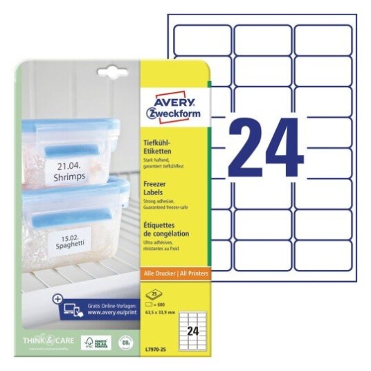 Avery Freezer Labels  min. påføringstemperatur -20Oc Servicetemperatur fra -50Oc Til +70Oc  hvit 63,5 X 33,9 modell L7970-25