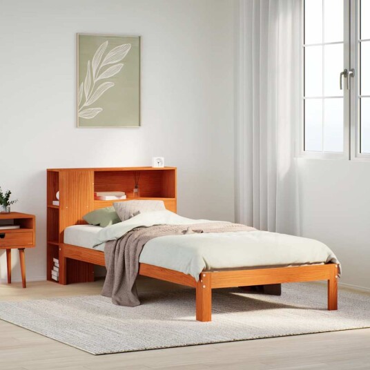 Seng med bokhylle uten madrass voksbrun 90x190 cm heltre furu 8721158613301