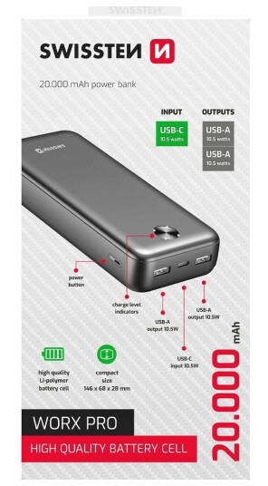 Swissten, Powerbank, Worx Pro, Li-Pol, 5/9/12V, For Lading Av Telefoner Og Andre Enheter, 22013961, 20000Mah, Svart