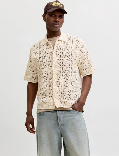 Jack & Jones Jorcotedazur Knit Crochet Polo Sn Cream L Jack & Jones Jorcotedazur Knit Crochet Polo Sn Cream L