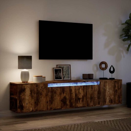Vegghengt TV-benk med LED røkt eik 180x31x39,5 cm