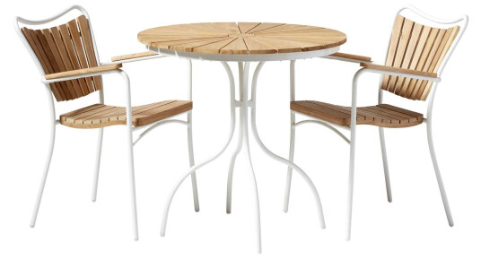 Cinas Ellen kafésett Hvit med teak 2 stoler og bord 80 cm