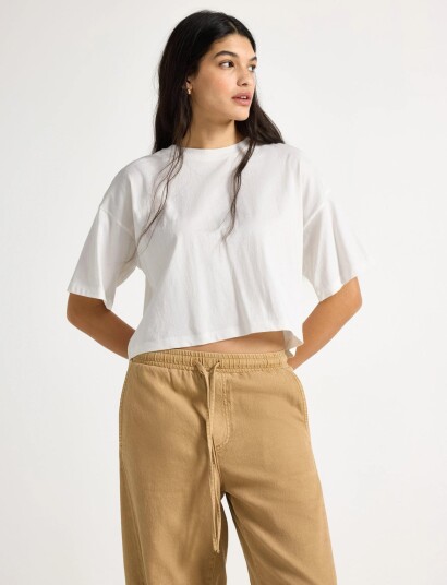 Lindex Cropped Top With Short Sleeves   Cream   XL