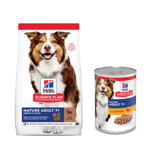 Hill'S Science Plan Tørrfôr + 6 X 370 G 363 G Våtfôr Gratis! 14 kg Mature Adult 7+ Medium Lam & Ris + 6 X 370 G Mature Adult 7+ Kylling