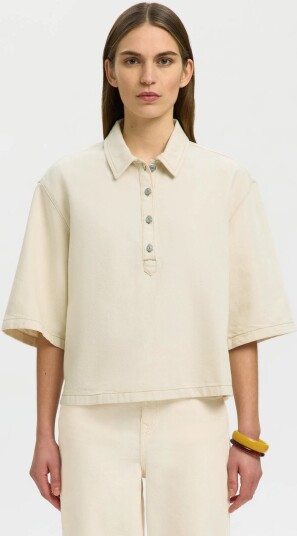 Selected Slfliva Tenna 2/4 Boxi Polo Denim Shirt Cream 42