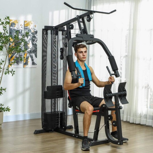 Kraftstasjon multifunksjonell treningsstasjon med latnedtrekk og sommerfuglstang benpress treningsenhet med 45 kg vektblokker