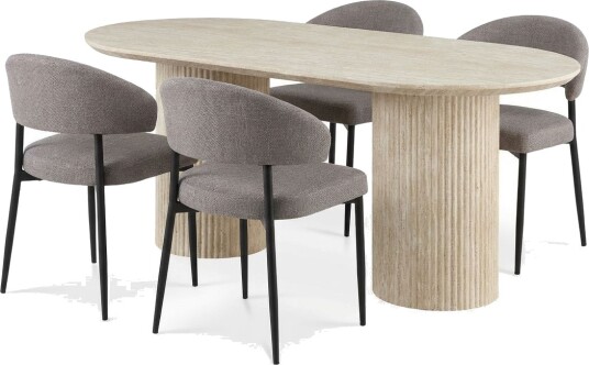 Uppveda Ovalt Spisebord 180x90 cm med 4 Sawako Greige Stoler Travertin/Greige