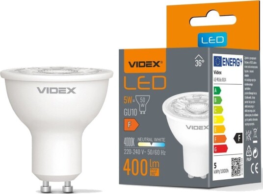 Videx GU10 5W LED pære   400lm 36° 4000K flicker free   Kulør : Nøytral