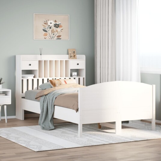  Seng med bokhylle uten madrass hvit 135x190 cm heltre furu 8721158619402
