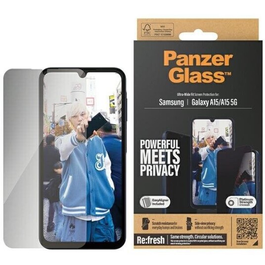 PanzerGlass Ultra Wide Fit Privacy Skjermbeskytter for Samsung Galaxy A15/A15 5G med EasyAligner