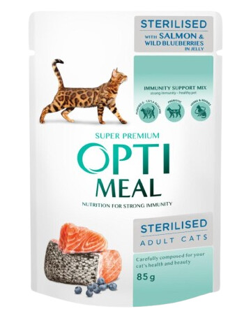 Optimeal Våtfôr til Steriliserte Katter med Laks og Blåbær, 12 x 85 g