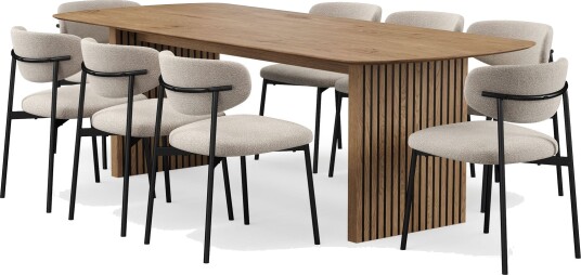 Richeto spisebord 240 cm med 8 Lucy spisestoler - Naturlig finish / Greige bouclé / Metallben svart