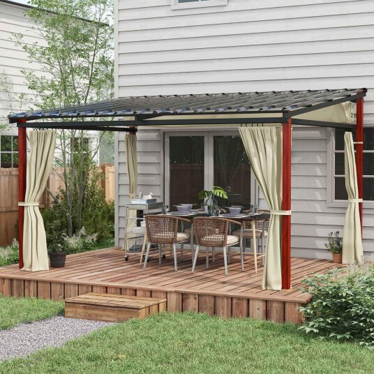 Pergola 3,5x3m paviljong med sidevegger vindtett høydejusterbart uttrekkbart tak beige for hage og terrasse