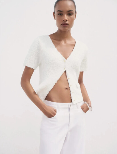 Mango Short-Sleeved Bouclé Cardigan - White - XS