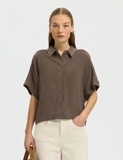 Selected Slfviva Ss Cropped Sun Shirt Noos Brown 42