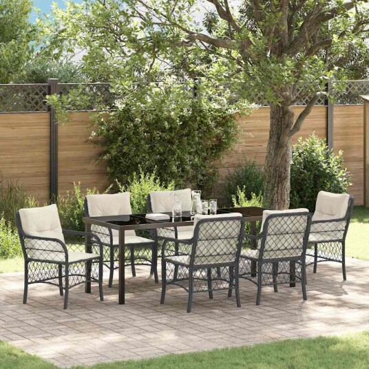 7-dels hage spisegruppe med puter svart poly rattan
