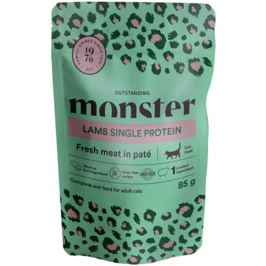 Monster Pet Food Katt Våtfôr Lammeposer 85 g x 8 stk for kresne katter