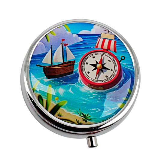 Pilleboks Maritime Motiv Rund Metall Pilleboks KOMPASS
