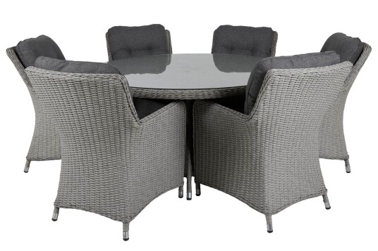 Brafab Hornbrook spisegruppe 6 matstoler & spisebord 150 cm Grå med grå pute