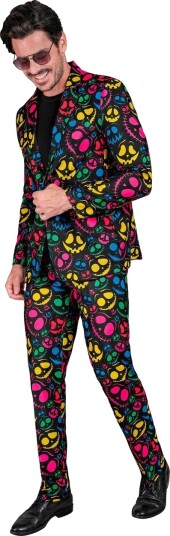 UV Glow Svart Kostymedress til Mann med Fargerike Gresskaransikt UV Glow Svart Kostymedress til Mann med Fargerike Gresskaransikt