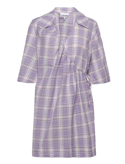 GANNI Seersucker Check Mini Wrap Dress   Purple   XXS/XS