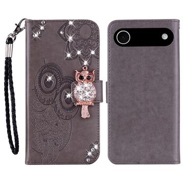 iPhone Air Ugle Rhinestone Lommebok deksel Grå