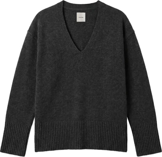 Calvin Klein Lux Wool Vneck Sweater - B85 GUNMETAL HEATHER - XS