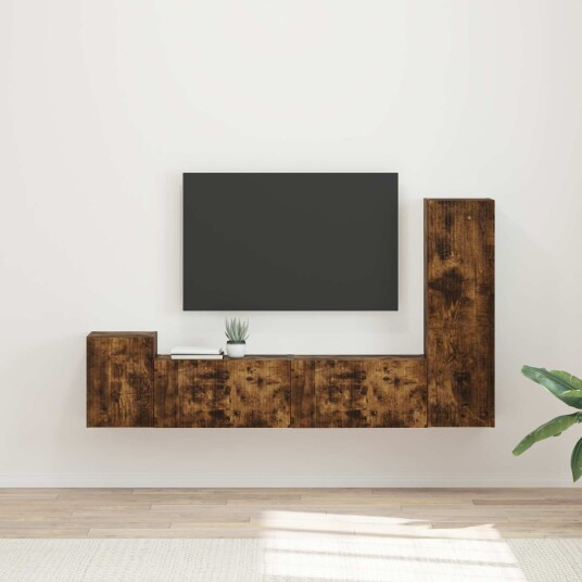 TV benksett Veggmontert 4 pcs Røkt eik Konstruert tre TV benksett Veggmontert 4 pcs Røkt eik Konstruert tre