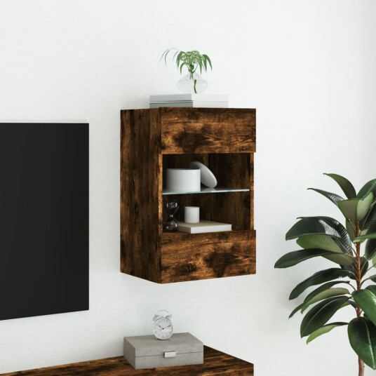 vidaXL Vegghengt TV-benk med LED-lys røkt eik 40x30x60,5 cm 8721012256705