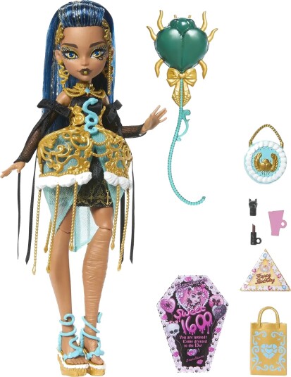 Monster High Scary Sweet Birthday Cleo De Nile Doll In Party Dress With Balloon & Gift Gold
