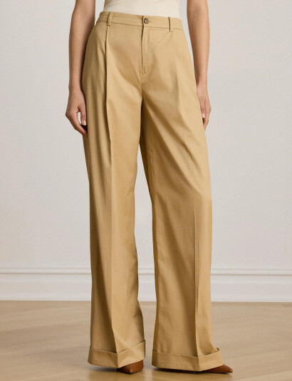 Lauren Ralph Lauren Pleated Cotton Twill Wide-Leg Pant - Beige - 38 Lauren Ralph Lauren Pleated Cotton Twill Wide-Leg Pant - Beige - 38