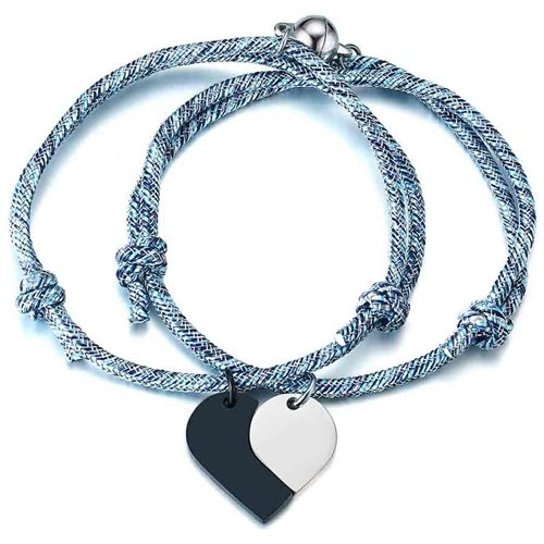 Par armbånd i tau og hjerte i rustfritt stål 2 stk Par armbånd i tau og hjerte i rustfritt stål 2 stk