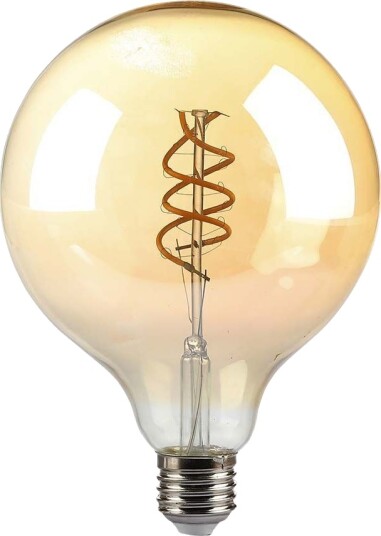V Tac E27 6W dimbar LED spiral filamentpære G125 Amber glass 1800K 300° lysspredning Kulør : Ekstra varm V Tac E27 6W dimbar LED spiral filamentpære G125 Amber glass 1800K 300° lysspredning Kulør : Ekstra varm