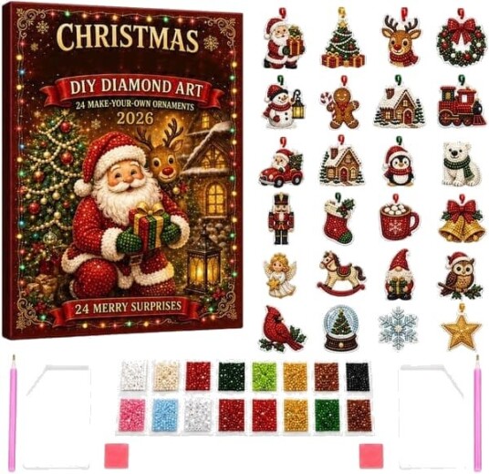 Julekalender 2026 24 dager rhinestonesett med akrylcharms 24 dagers julekalender med rhinestonekunst akrylvedheng