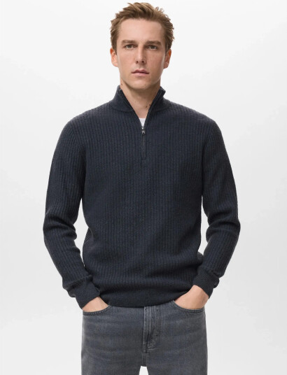 Mango Ribbed Sweater With Zip Neck - Navy - XXL