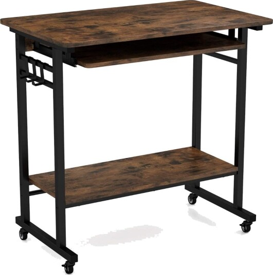 Skrivebord med hjul og tastaturhylle og nederste hylle og kroker datamaskinbord brun