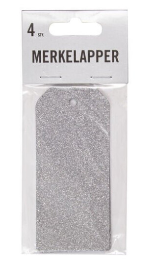Merkelapper glitter 10x4,5cm 4pk sølv Merkelapper glitter 10x4,5cm 4pk sølv