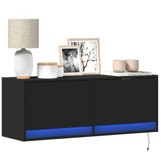 Vegghengt TV-benk med LED svart 100x31x35 cm 852363