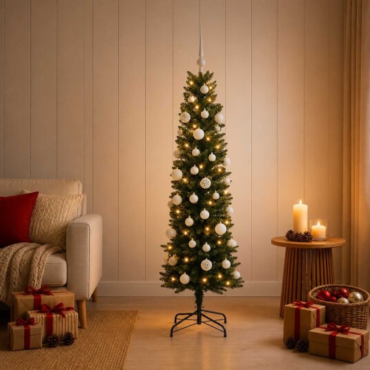 vidaXL Kunstig smalt juletre med julekuler 120 cm 150 LED-lys Varmhvit