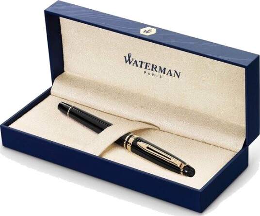 Waterman Expert Fountain Pen  Gloss Svart with 23k Gull Trim  Medium Nib  Gift Box