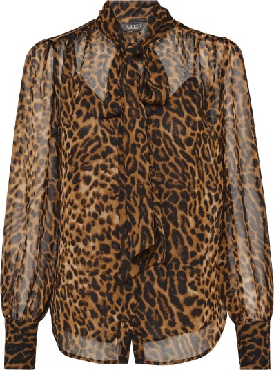 Lauren Ralph Lauren Ocelot Print Chiffon Tie Neck Blouse TAN MULTI XL