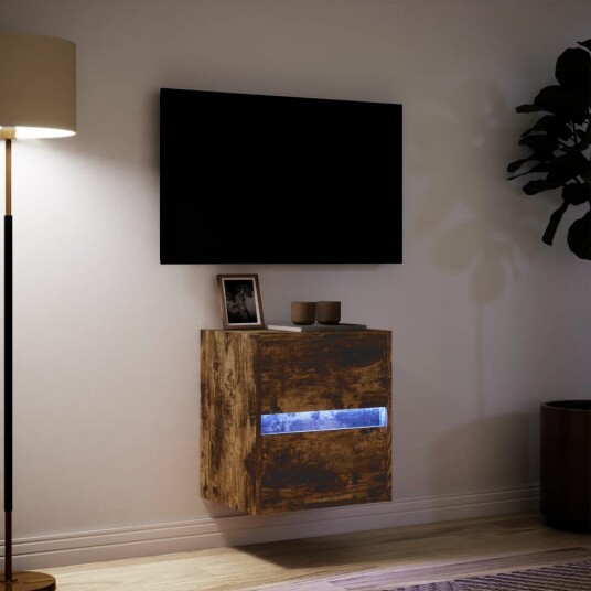  Vegghengt TV-benk med LED røkt eik 41x31x45 cm