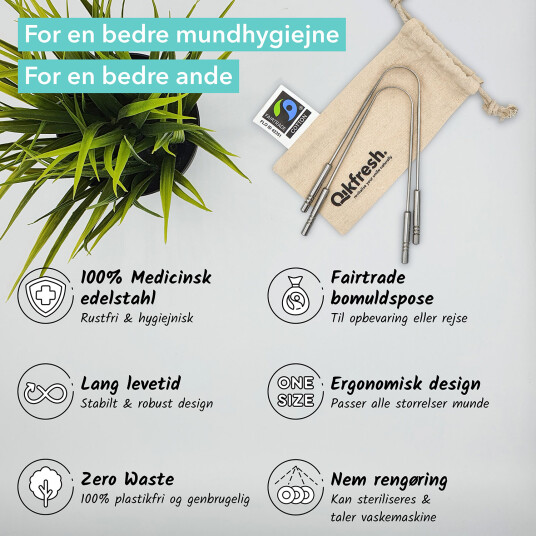 Qikfresh Tungeskraper Rustfritt STÅL 2 stk. Fairtrade veske