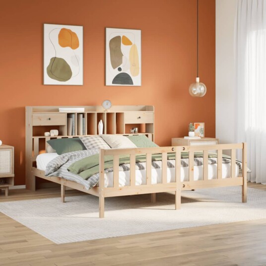 Seng med bokhylle uten madrass 200x200 cm heltre furu 8721158605382
