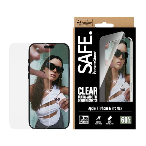 SAFE by PanzerGlass Skjermbeskyttelsesglass for iPhone 17 Pro Max Ultra-Wide Fit - Gjennomsiktig